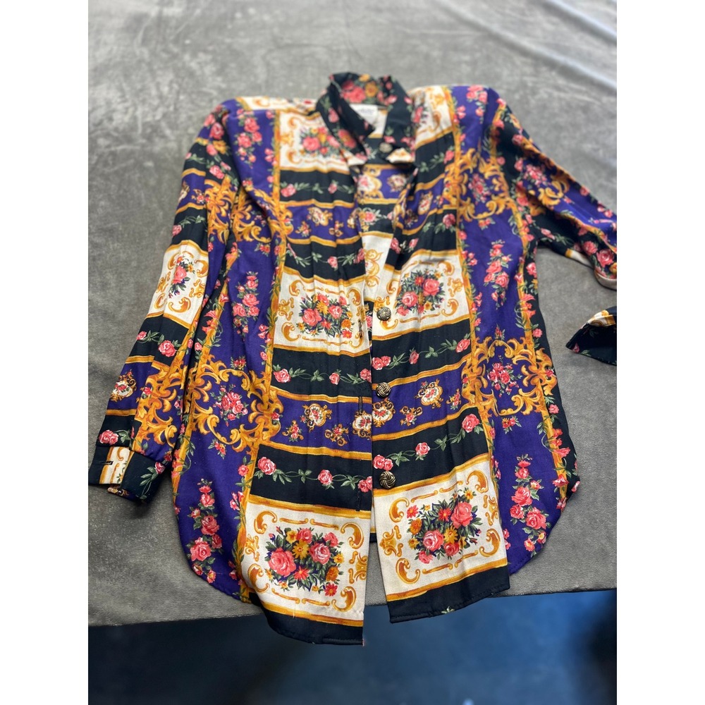 Vintage Connections‎ Baroque Floral Scarf Print Blouse Purple Gold 90s Shirt Med